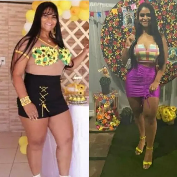 Antes e depois de uma participante em duas festas juninas, com a mesma produção de top e saia.